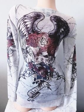 2000s y2k Rock & Republic graphic angel wings mesh long sleeve shirt